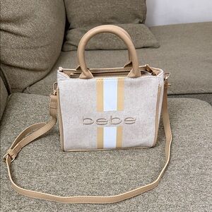 bebe Beige Canvas Crossbody with White & Tan Stripes